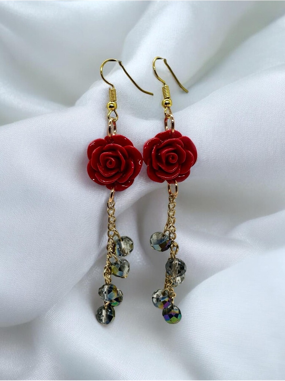 Red Rose Dangle Earrings with Crystal Beads & Gold Tone Chains